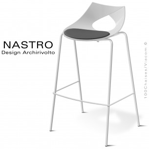 Tabouret de bar design NASTRO, piétement 4 pieds avec repose-pieds en acier peint ou chromé, assise coque couleur avec coussin.