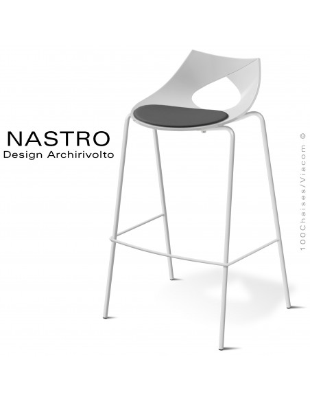 Tabouret de bar design NASTRO, piétement 4 pieds avec repose-pieds en acier peint ou chromé, assise coque couleur avec coussin.