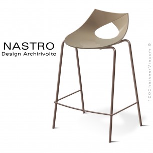 Tabouret de cuisine design NASTRO, piétement acier peint ou chromé brillant, assise coque plastique taupe, option coussin cuir.