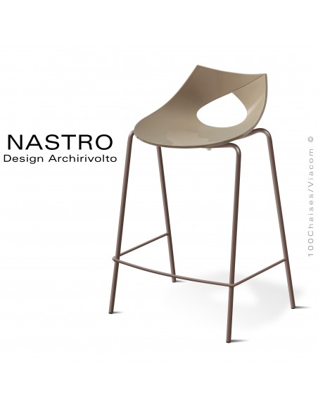 Tabouret de cuisine design NASTRO, piétement acier peint ou chromé brillant, assise coque plastique taupe, option coussin cuir.