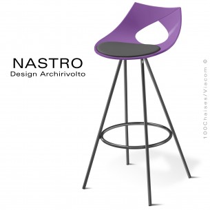 Tabouret de bar design NASTRO, piétement acier peint ou chromé, assise coque couleur avec coussin cuir.