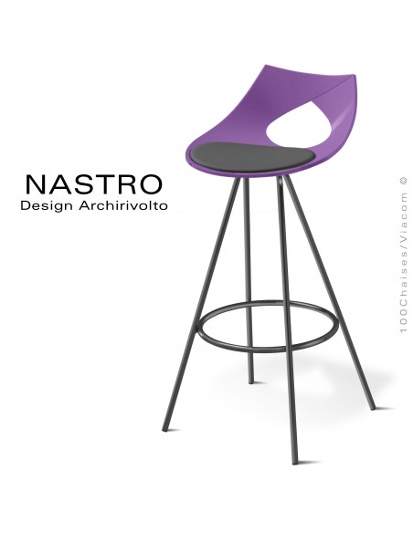 Tabouret de bar design NASTRO, piétement acier peint ou chromé, assise coque couleur avec coussin cuir.