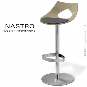 Tabouret de bar design NASTRO, hauteur d'assise fixe plastique couleur avec coussin. Piétement colonne centrale chromé.