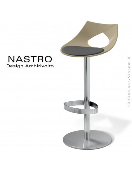 Tabouret de bar design NASTRO, hauteur d'assise fixe plastique couleur avec coussin. Piétement colonne centrale chromé.
