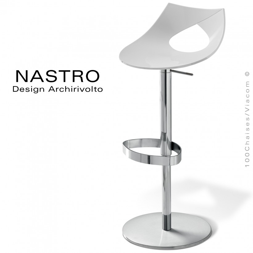 Tabouret de bar ou cuisine design NASTRO, assise couleur avec coussin,  piétement colonne centrale chromé sur vérin à gaz.