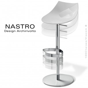 Tabouret de bar ou cuisine design NASTRO, assise coqie plastique avec coussin, piétement sur vérin à gaz, élévation.