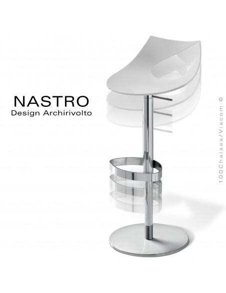 Tabouret de bar ou cuisine design NASTRO, assise coqie plastique avec coussin, piétement sur vérin à gaz, élévation.