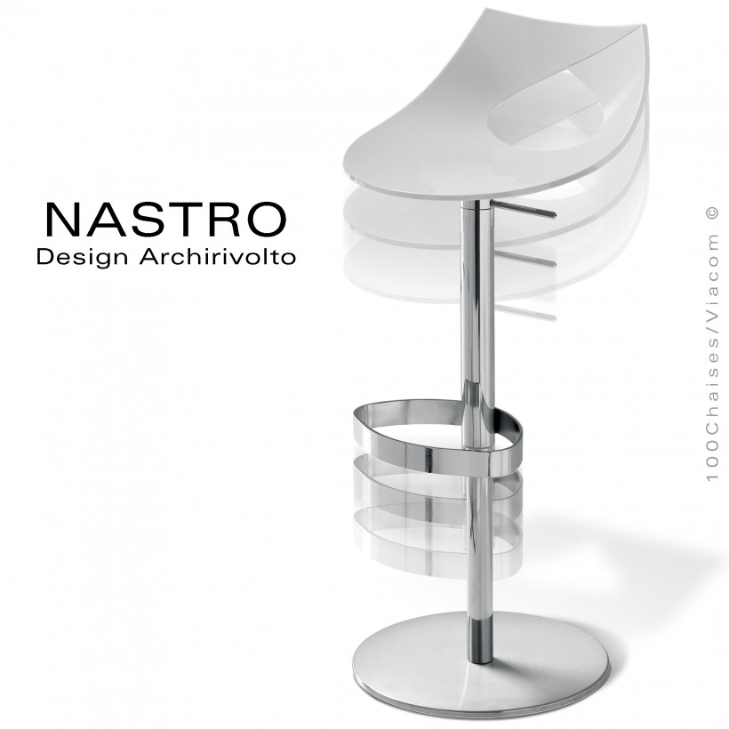 Tabouret de bar ou cuisine design NASTRO, assise couleur avec coussin,  piétement colonne centrale chromé sur vérin à gaz.
