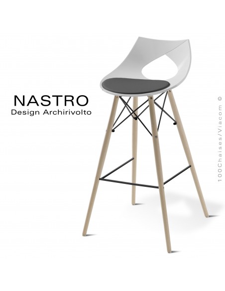 Tabouret de bar design NASTRO, piétement bois de hêtre massif blanchi, assise plastique couleur avec coussin cuir.