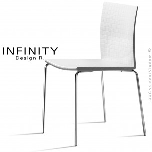 Chaise design INFINITY, piétement 4 pieds en tube d'acier peint ou chromé brillant, assise acrylique couleur.
