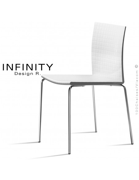 Chaise design INFINITY, piétement 4 pieds en tube d'acier peint ou chromé brillant, assise acrylique couleur.