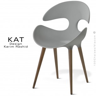 Chaise design KAT, coque plastique couleur gris, piétement bois massif de hêtre conique vernis wengé (foncé).