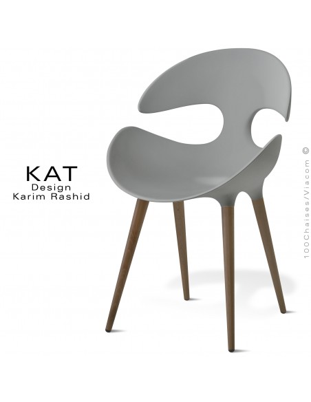 Chaise design KAT, coque plastique couleur gris, piétement bois massif de hêtre conique vernis wengé (foncé).
