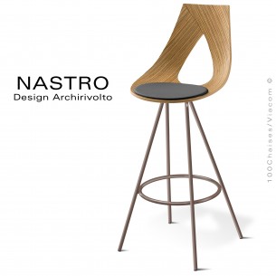 Tabouret de bar design NASTRO, piétement peint marron, assise coque bois multiplis placage Zébrano avec coussin cuire.