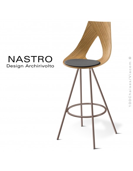 Tabouret de bar design NASTRO, piétement peint marron, assise coque bois multiplis placage Zébrano avec coussin cuire.