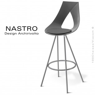 Tabouret de bar design NASTRO, piétement peint ou chromé brillant, assise coque plastique couleur avec coussin cuir.