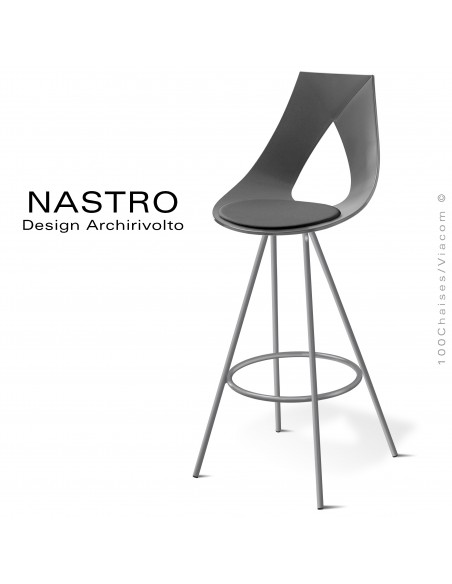 Tabouret de bar design NASTRO, piétement peint ou chromé brillant, assise coque plastique couleur avec coussin cuir.