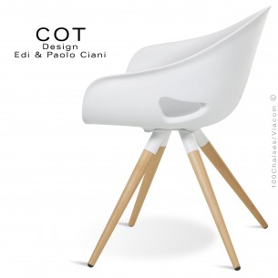 Fauteuil design COT, piétement bois de hêtre massif conique et vernis, assise coque plastique couleur deux tons.