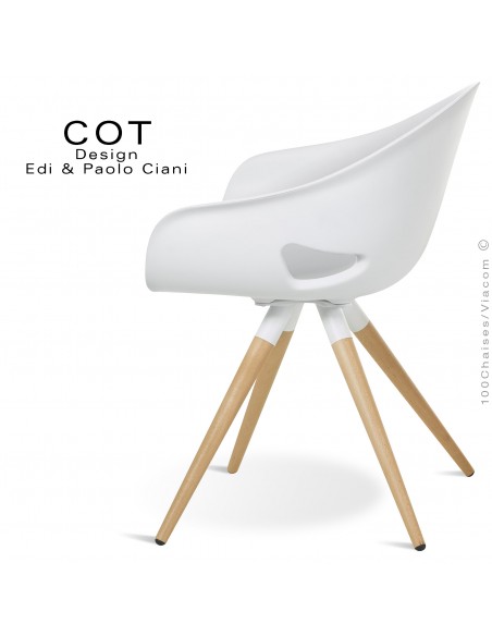 Fauteuil design COT, piétement bois de hêtre massif conique et vernis, assise coque plastique couleur deux tons.