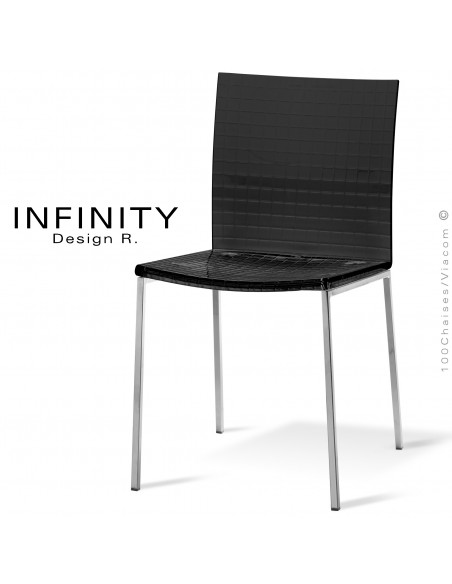 Chaise design INFINTY, piétement chromé brillant, assise coque plastique acrylique noir.