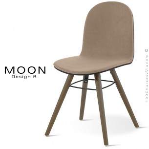 Chaise pour snack ou restaurant MOON, piètement bois vernis Wengé, assise et dossier garnis, habillage Alcantara Camel.
