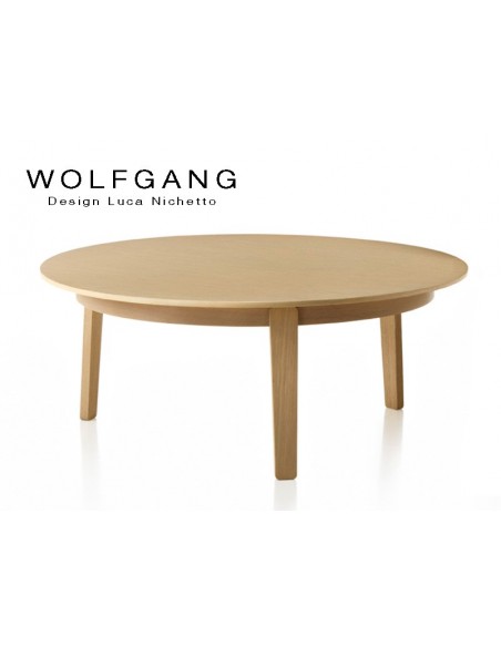 WOLFGANG wide table ronde d'appoint en bois de chêne, H35, finition noyer.