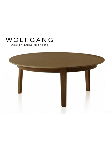 WOLFGANG wide table ronde d'appoint en bois de chêne, H35, finition tabac.