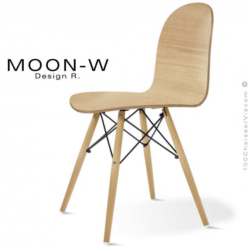 Chaise bois MOON, piétement bois de hêtre massif conique, assise multiplis de hêtre, épaisseur 10 mm., vernis au choix.