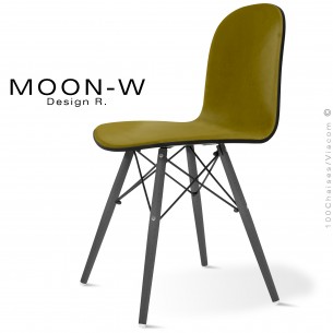 Chaise bois design MOON, piétement bois hêtre massif vernis gris Ardoise, assise habillage tissu Alcantara vert kaki.