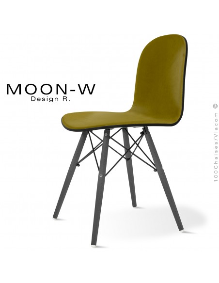 Chaise bois design MOON, piétement bois hêtre massif vernis gris Ardoise, assise habillage tissu Alcantara vert kaki.