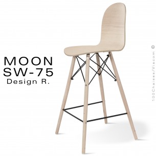 Tabouret de bar ou cuisine design MOON, piétement conique hêtre massif vernis, assise multiplis de hêtre vernis.