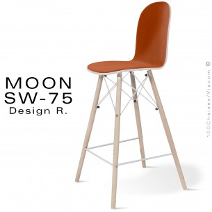 Tabouret de bar design MOON, piétement bois de hêtre conique vernis, assise multiplis de bois de hêtre, assise tissu Alcantara.