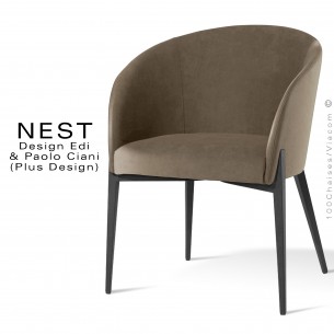 Fauteuil design NEST, piétement conique acier peint ou chromé brillant, assise mousse habillage tissu type feutre 100% laine.