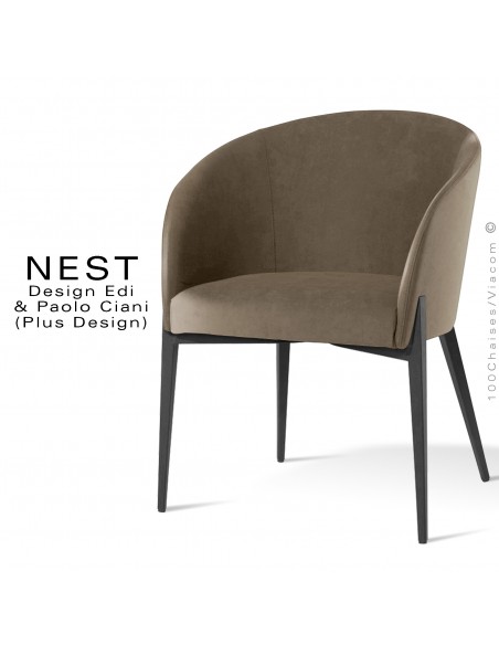 Fauteuil design NEST, piétement conique acier peint ou chromé brillant, assise mousse habillage tissu type feutre 100% laine.