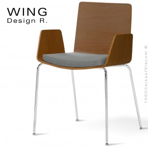 Fauteuil design WING, assise multiplis de bois de hêtre vernis noyer, piétement acier chromé brillant avec coussin.