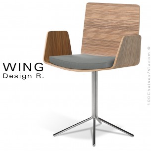 Fauteuil design WING, assise placage bois Zébrano deux faces, piétement colonne centrale terminaison 4 branches chromé.