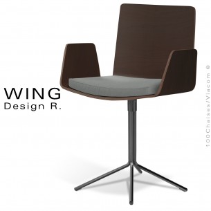 Fauteuil design pivotant WING, assise multiplis de bois de hêtre vernis wengé, piétement colonne centrale sur 4 branches noir.