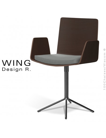 Fauteuil design pivotant WING, assise multiplis de bois de hêtre vernis wengé, piétement colonne centrale sur 4 branches noir.