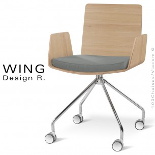 Fauteuil de bureau design sur roulettes WING, piétement peint ou chromé, assise placage Hêtre ou Zébrano avec coussin.