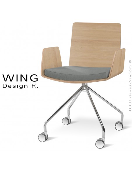 Fauteuil de bureau design sur roulettes WING, piétement peint ou chromé, assise placage Hêtre ou Zébrano avec coussin.