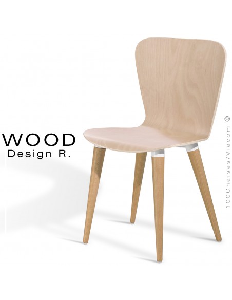 Chaise design WOOD, piétement bois de hêtre conique vernis naturel, assise placage bois de hêtre vernis hêtre blanchi.