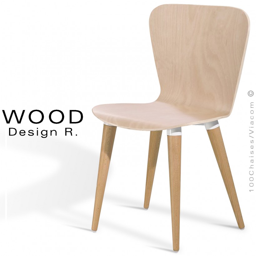 Chaise design WOOD, piétement bois de hêtre conique vernis naturel, assise placage bois de hêtre vernis hêtre blanchi.