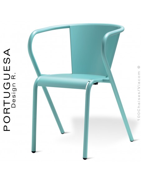 Fauteuil design PORTUGUESA, structure 4 pieds avec accoudoirs, assise et dossier en tôle d'acier plat, peint bleu clair.