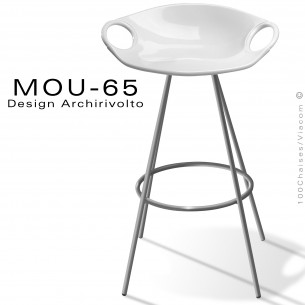 Tabouret design MOU, pour cuisine ou îlot central, assise coque plastique blanc, piétement peinture gris foncé.