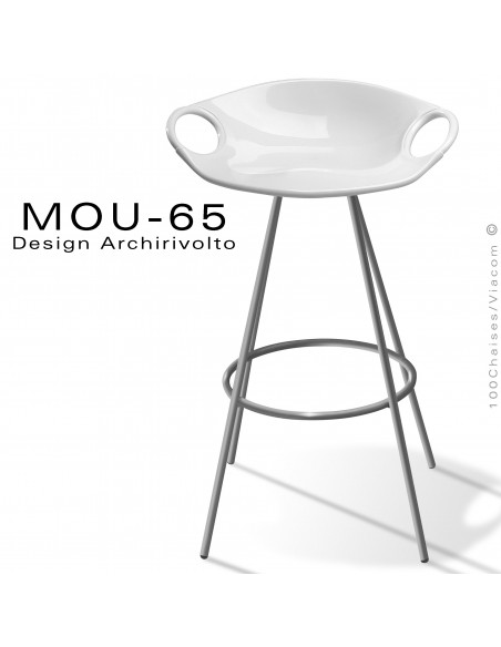 Tabouret design MOU, pour cuisine ou îlot central, assise coque plastique blanc, piétement peinture gris foncé.