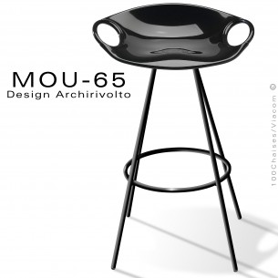 Tabouret design MOU, pour cuisine ou îlot central, assise coque plastique noir, piétement peinture noir.