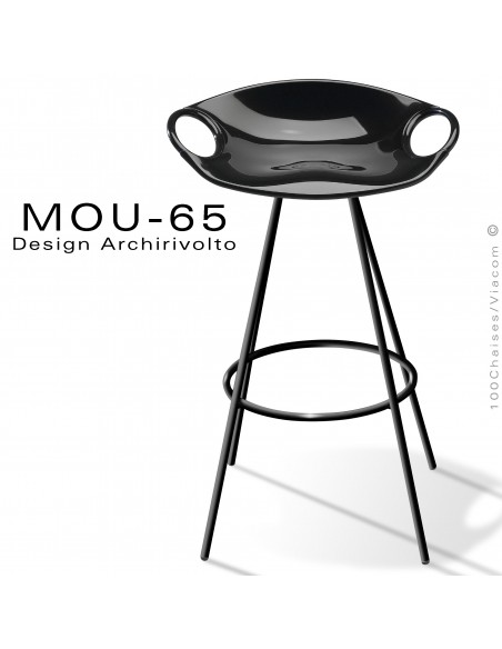 Tabouret design MOU, pour cuisine ou îlot central, assise coque plastique noir, piétement peinture noir.