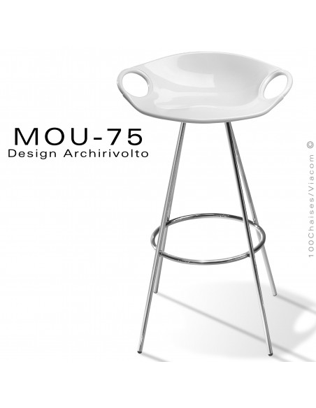 Tabouret de bar design MOU, piétement acier chromé brillant, assise coque plastique couleur blanche.