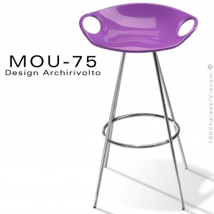 Tabouret de bar design MOU, piétement acier chromé brillant, assise coque plastique couleur violet.