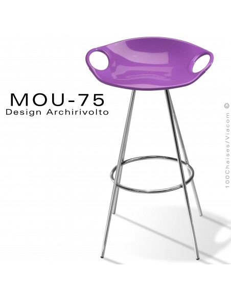 Tabouret de bar design MOU, piétement acier chromé brillant, assise coque plastique couleur violet.